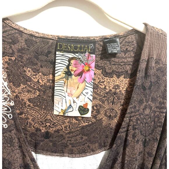 Desigual Why? 47V2048 Women's Brown Faux Wrap Embroidered Belted Dress sz. M - Picture 5 of 9